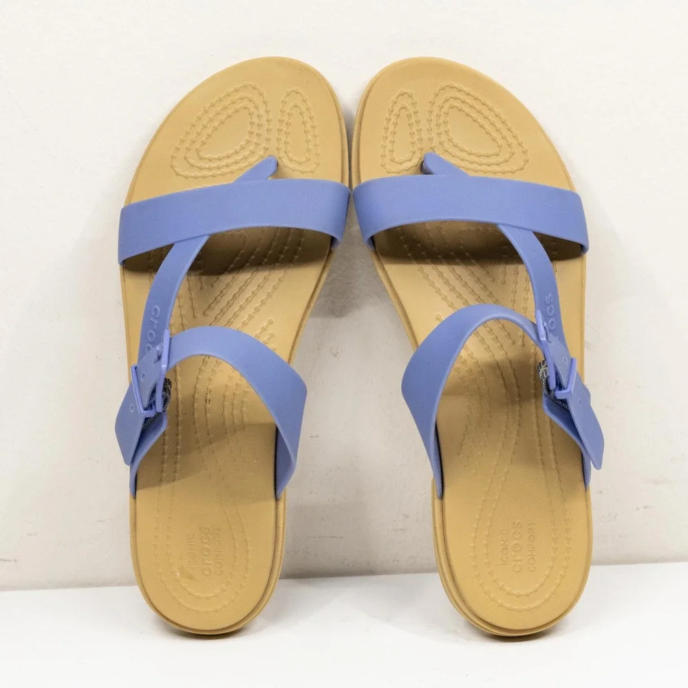 CROCS Tulum Toe Post Strappy Buckle Comfort Sandal Periwinkle Blue Tan Sz 7